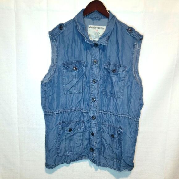 Comfort Denim Tops - Comfort Denim Sleeveless Button Down Chambray Vest Top Size 1X